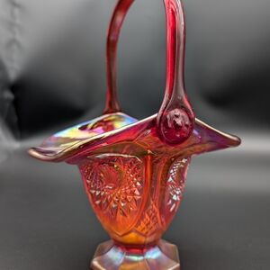 Indiana Carnival Glass Basket Red Amberina Footed Handle Vintage 10” Iridescent